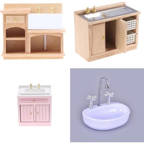 1Pcs Wooden Dollhouse Bathroom Kitchen Furniture Toys Basin Sink Cupboard Cupboard Cabinet Model