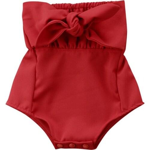 Pudcoco Bodysuit Infant Baby Girl Clothes Button Off-the-Shoulder Ruffles Solid Bow Outfit V-Neck Red Casual Leotard 0-24 Months