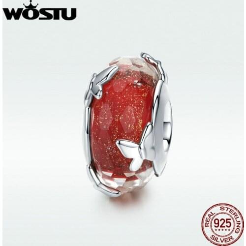 WOSTU Butterfly Beads 925 Sterling Silve Murano Glass Red Charm Fit Original Bracelet Women Necklace DIY Jewelry Making BKC1256