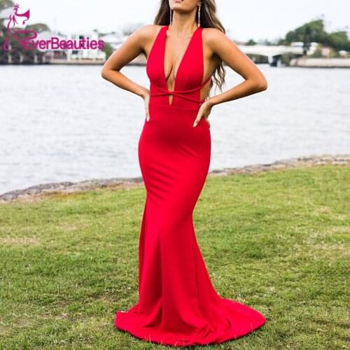 Mermaid Long Evening Dress 2020 Deep V-Neck Vestidos De Fiesta Elastic Satin Backless Robe De Soiree Suknie Wieczorowe