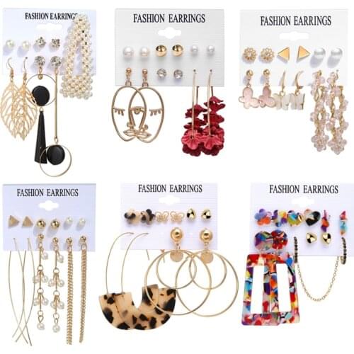 Fashion Acrylic Pearl Crystal Tassel Drop Earrings for Women Bohemian Leaf Flower Heart Butterfly Geometric Earrings Set Jewelry
