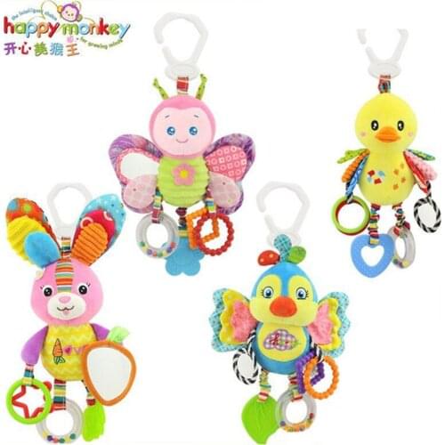 Happy Monkey Plush Stuffed Animal Bunny Butterfly Toys Rattle Teether Infant Bed Crib Hanging Toys Mobile for Children Kids Gift