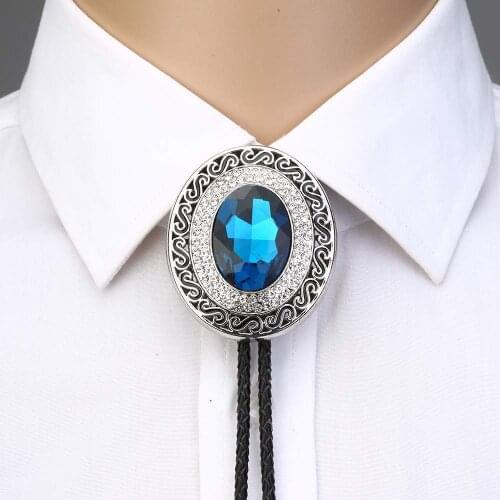 Blue rhinestone round shape bolo tie for man Indian cowboy western cowgirl leather rope zinc alloy necktie
