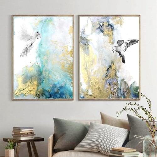 Blue Green Golden Modern Abstract Pigeon Wall Poster Nordic Canvas Print Painting Art Decoration Picture Living Room Decor