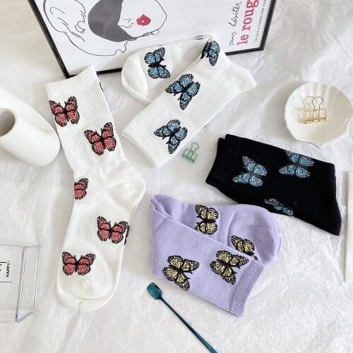 2020 Trend Butterfly Socks Black Women Streetwear Harajuku Women Crew Cotton Socks Size 35-42 Japanese Hip-hop Skateboard Socks