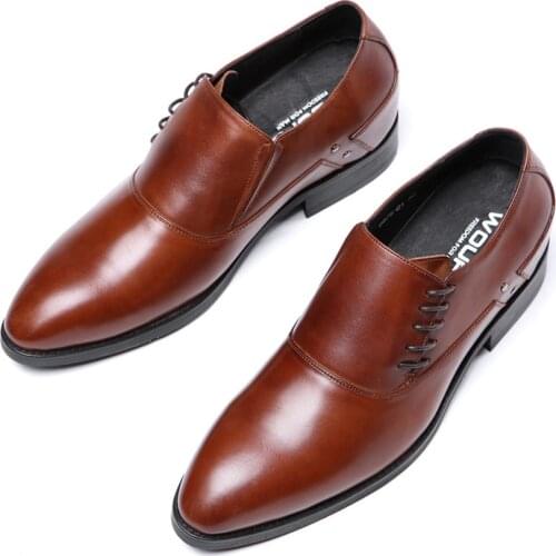 Height-increasing shoes, leather pointed-toe side lace-up mens shoes, invisible height-increasing 6 cm formal wedding shoes