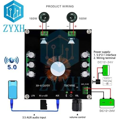 XH-A126 TDA7498E Bluetooth 5.0 Power Amplifier Board 160W*2 Digital Stereo AMP Micro SD 3.5MM AUX Volume Control For Speaker