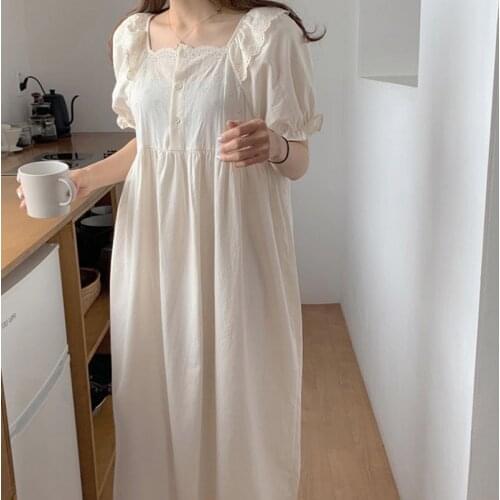 Womens Nightdress Pure Cotton Summer New Korean Nightwear Loose Medium Length Nightgown Home Wear Sleepwear Mid-Calf