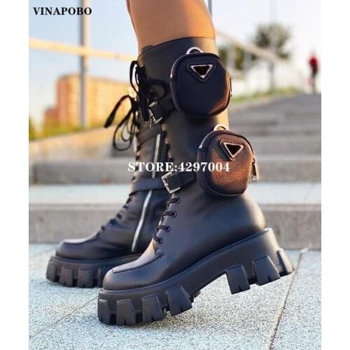 2020 New knee high Pocket Boots Women brand Platform shoes Genuine Leather Motorcycle long Boots Thick sole Black Military Shoes