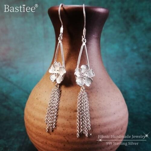 Bastiee 999 Sterling Silver Fringe Earrings For Women Accessories Flower Handmade Luxury Jewelry boucles d oreille femme bijoux