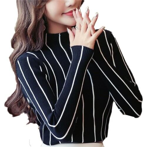 Women Winter Sweaters 2020 Autumn Stripes Half Turtleneck Sweater Bottom Shirt Female Long Sleeve Short Knit Pullovers Tops W021