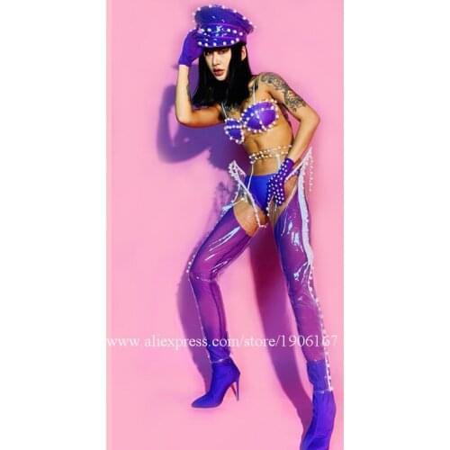 Female singer dance team suit stage performance DS guest purple pearl perspective clothes top hat ballroom party costume