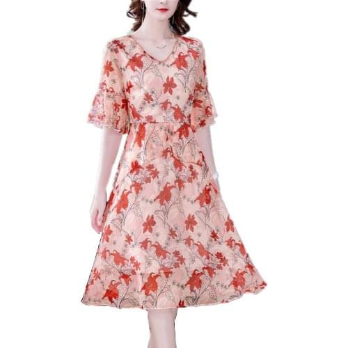 2021 New Spring Summer Women Elegant Dress High Quality Fashion Ruffles Flowers Print Chiffon Dress