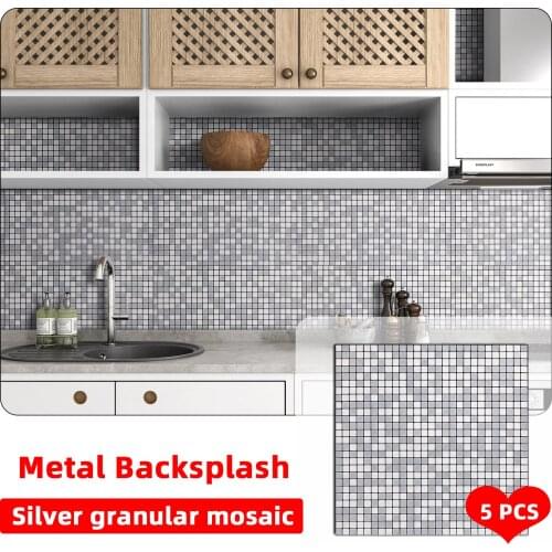 5PCS Silver Granular Mosaic Wall Tile Sticker Self Adhesive Metal Backsplash Peel and Stick Wall Panel Kitchen Toliet Bathroom