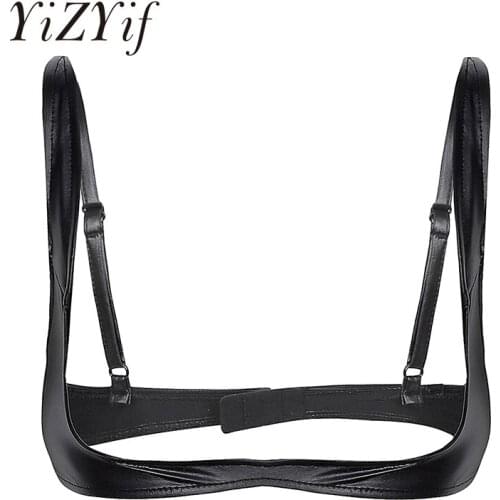 Womens Lingerie Open Cup Bra Tops Faux Leather Adjustable Wire-free Open Cup Shelf Bra Exposed Breasts Open Nipples Exotic Bras