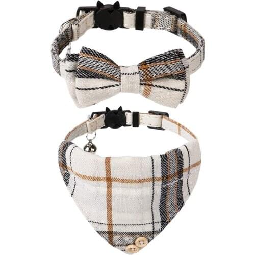 Plaid Cat Collar Breakaway with Bow Tie and Bell Adjustable Cat Bandana Bells Set Soft Comfortable for Kitty and Some Puppies