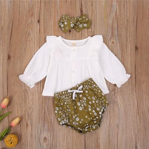 Newborn Infant Clothing Autumn Baby Girl Clothes Set Spring Long Sleeve Cotton Linen Tops High Waist Shorts Headband 3Pcs Outfit