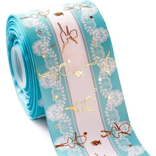 75mm 3inch 10yard dancing girl gold foil printed on heat transfer stripe grosgrain ribbon