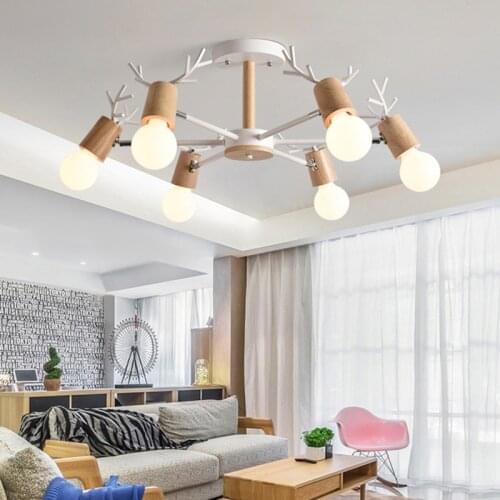 Macaron Chandelier Nordic Modern Solid Wood Deer Head Chandelier Living Room Bedroom Creative Personality Home Lights