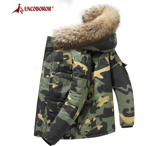 Mens Winter Camouflage Down Jackets Casual Fur Collar Hooded Coat Overcoat Windbreaker -30 Degrees White Duck Down Parkas 4XL