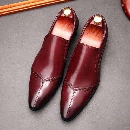 New Office Wedding Men Genuine Leather Shoes Loafers Men Quality Leather Shoes Man Flats Hot Sale Dress Men Shoe Black Red Wine