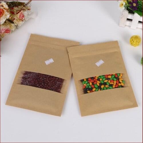 300pcs Flat Brown Kraft Paper Bag With Window No Stand Up Zipper/zip Lock Jewelry Packaging Bag Paper Bags For Gifts/tea Bags