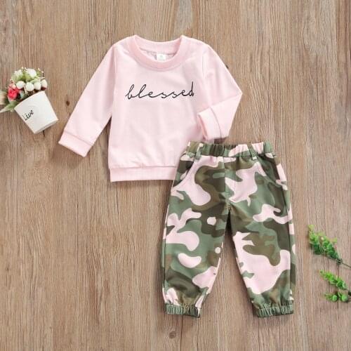 New Fashion Toddler Baby Girl Clothes Letter Long Sleeve Pullover Tops Camouflage Print Pants 2Pcs Outfits Clothes