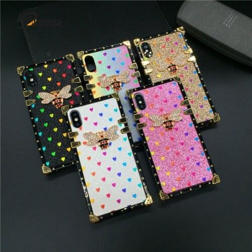 Luxury Square Case for iPhone X XS Max XR Fashion Heart Glitter Bee Cover Phone Cases for iphone 11 PRO MAX 7 8 Plus 6 6S Coque
