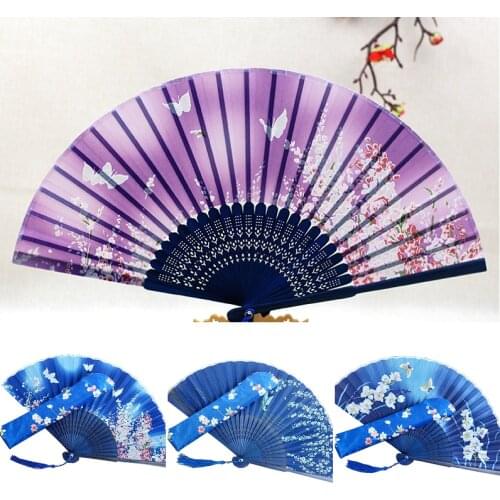 Sapphire Silk Fans Japanese Folding Hand Bamboo Fans Flower and Butterfly Wedding Favors Bridal Shower Baby Shower