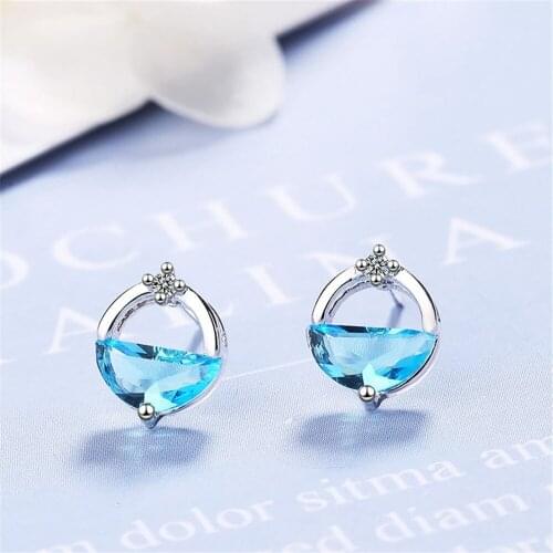 SHQIYAYI 925 Sterling Silver Fashion Cute Stud Earring For Women Girl Round CZ Zircon Jewelry Blue White Casual Korean 803