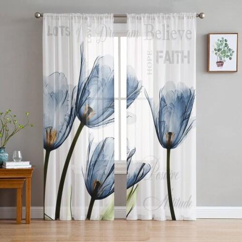 Blue Tulip Flowers White Sheer Curtains for Living Room Bedroom Kitchen Tulle for Windows Voile Drapes Home Decoration
