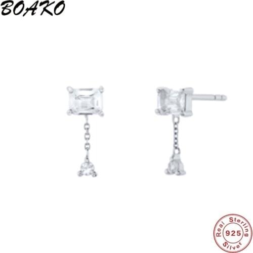 BOAKO 925 Sterling Silver Rectangle Zircon Stud Earrings With Triangle Crystal Chain Pendant Earring For Women Wedding Jewelry
