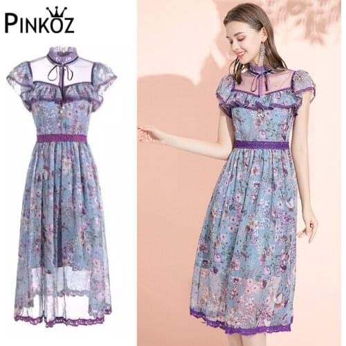 Pinkoz vintage french women ruffles floral printed midi dresses plus size short butterfly sleeve high waist fashion purple dress