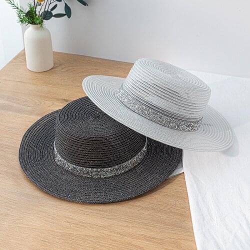 2021 New Summer Outing Sun Protection Sun Hat Womens Wild Silver Straw Hat Flat Top Hat Bright Silk Beach Hat