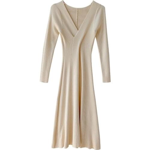 Women Maternity Sweater Knitted Dresses Long Sleeve Elastic Thin Striped Light Apricot Calf Length Pregnancy Autumn Spring New