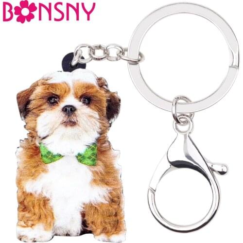 Bonsny Acrylic Chinese Shih Tzu Dog Key Chain Keychains Cute Fashion Animal Jewelry For Women Girls Bag Car Gifts Charms Pendant
