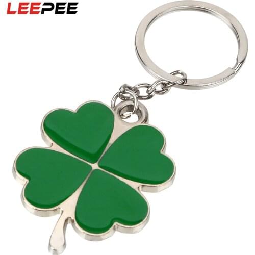 LEEPEE Steel Stainless Four-leaf Clover Key Rings Lucky Key Chain Keyring Purse Bag Pendants Green Leaf Keychain Car Styling
