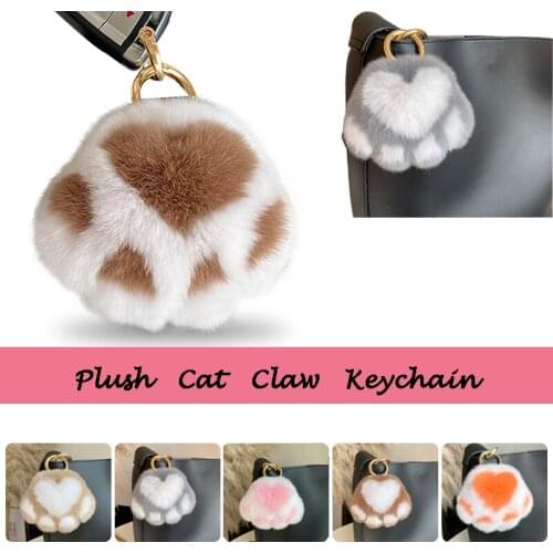 Cat Paw Keychain Furry Rex Rabbit Fur Bag Charm Ornaments Soft Pompom Plush Cute Bear Claw Key Rings Hanging Pendant Key Holder