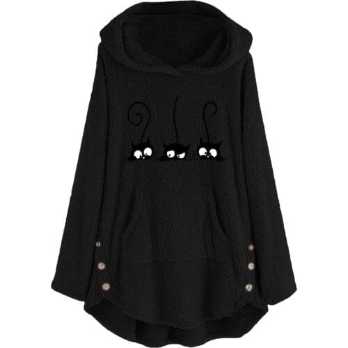 Hoodies Women Fleece Cat Embroidery Plus Size Warm Hoodie Top Button Blouse Winter All-match Leisure Streetwear Polerones Mujer