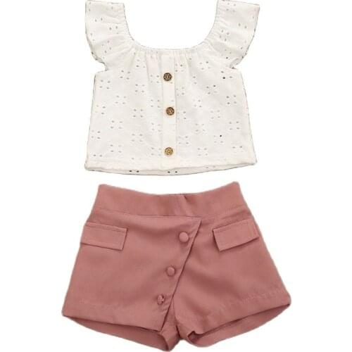 Toddler Kids Baby Girl 2PCS Outfit Off Shoulder Ruffle Sleeveless Button White T-shirt Tops Solid Casual Plaid Bow Shorts