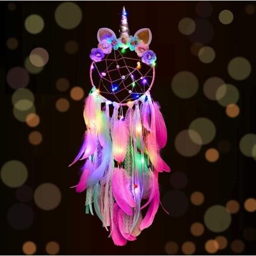 Unicorn Dream Catcher Unicorn Wind Chimes Big Dreamcatcher for Decoration LED Light Feather Home Decoration Accessories