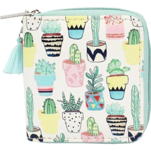 M284 Fashion Women Short Wallet Feather Pattern Potted Cactus Printing Quality Fabric Multi Card Holder Students Girl Wallet