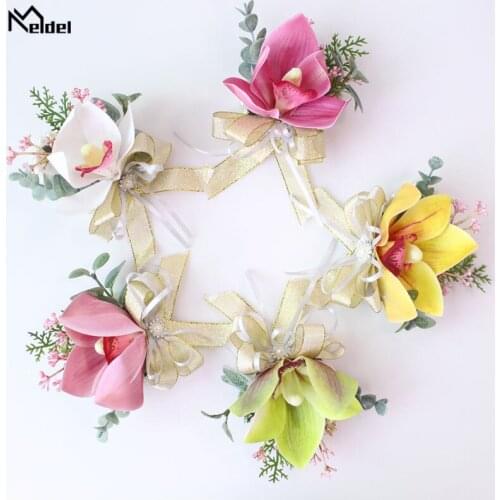 Meldel Corsage Groom Boutonniere Bridal Wrist Corsages White Yellow Lapel Pin Bridesmaid Orchid Flower Bracelet Wedding Supplies