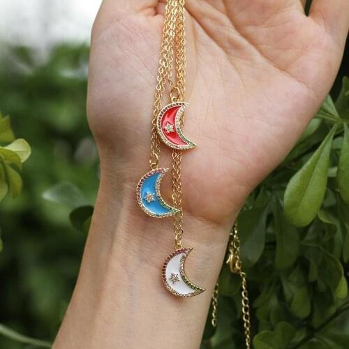 Fashion crescent necklace multi-colored zirconia charm star & moon pendant declared as female jewelry