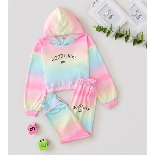 Fashion children clothes home costume Toddler Kids Girls Rainbow Tie-Dyed Hoodded Tops+Pants Pajamas Sleepwear Outfits for 9-13T