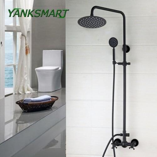 YANKSMART Black Bathtub Shower Set Mixer Faucet 8" Rain Shower Head with Handheld shower Double Handle Bathtub Mounted On Wall