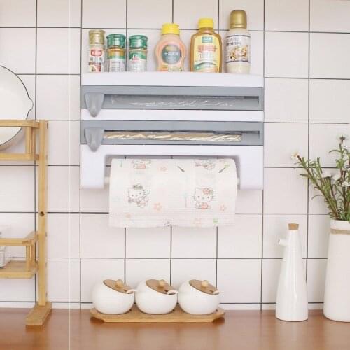 Wall-Mount Kitchen Paper Towel Rack Roll Paper Holder Free Perforation Film Cutting Holder Mutifunction Kitchen Organizer