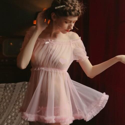 Ultra-thin Gauze Nightgowns Sexy Temptation Lingerie Lolita Kawaii Chiffon Dress Women Lovely Cute Princess Nightdress Sleepwear