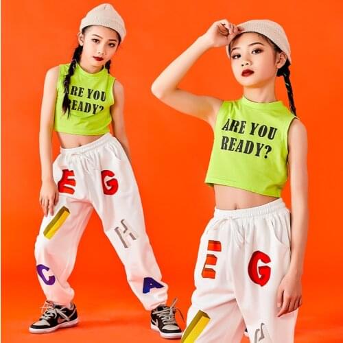 Girls' Modern Dance Hip Hop Clothes Green Vest Tops Letters Hiphop Pants Jazz Practice Outfits Kids Street Sport Wear DNV14641