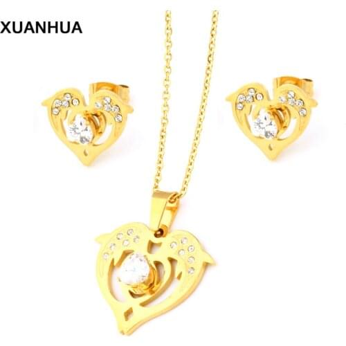 XUANHUA Wholesale Fish Heart Jewellery Stainless Steel Jewelry Sets For Women Earring And Necklace Sets Fashion African Jewelry